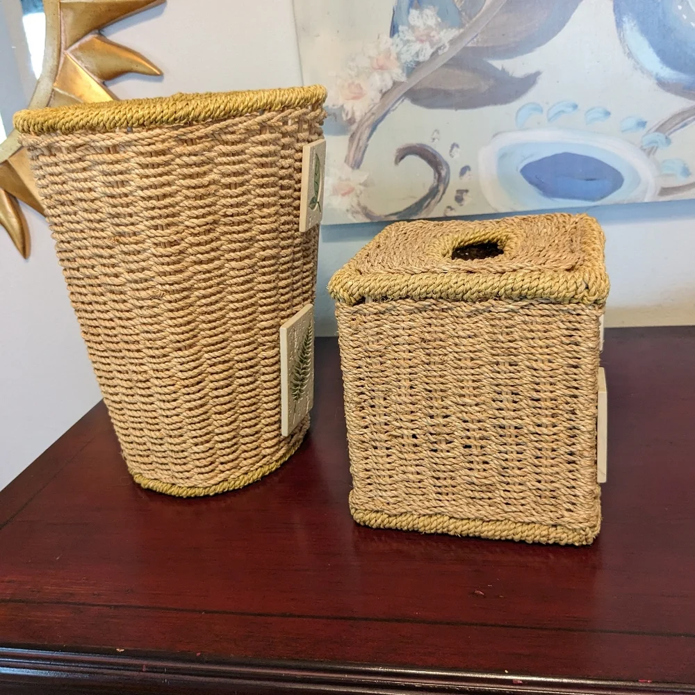 Woven Wicker Trash Can & Tall Tissue Box Cover Bohemian EUC Floral Tiles 2 Pcs